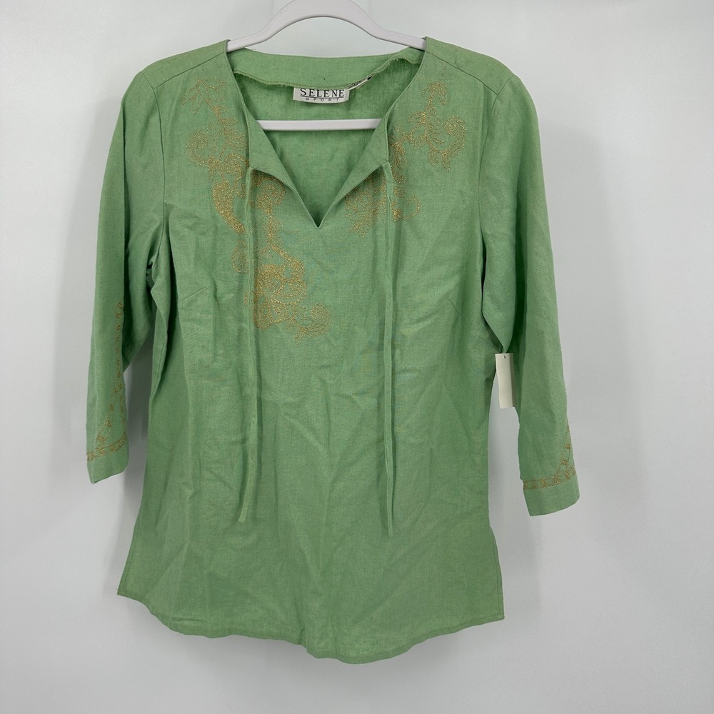 Womens Boho Linen‎ Blend Embroidered Tunic Top Size M Cottagecore Artsy Sage